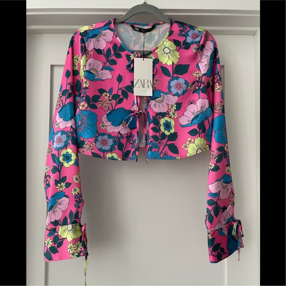 ZARA satin effect Floral Crop top with front tie closures